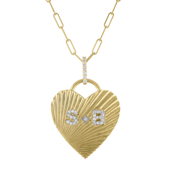 Large Fluted Heart Diamond Initial Necklace on Paperclip Chain